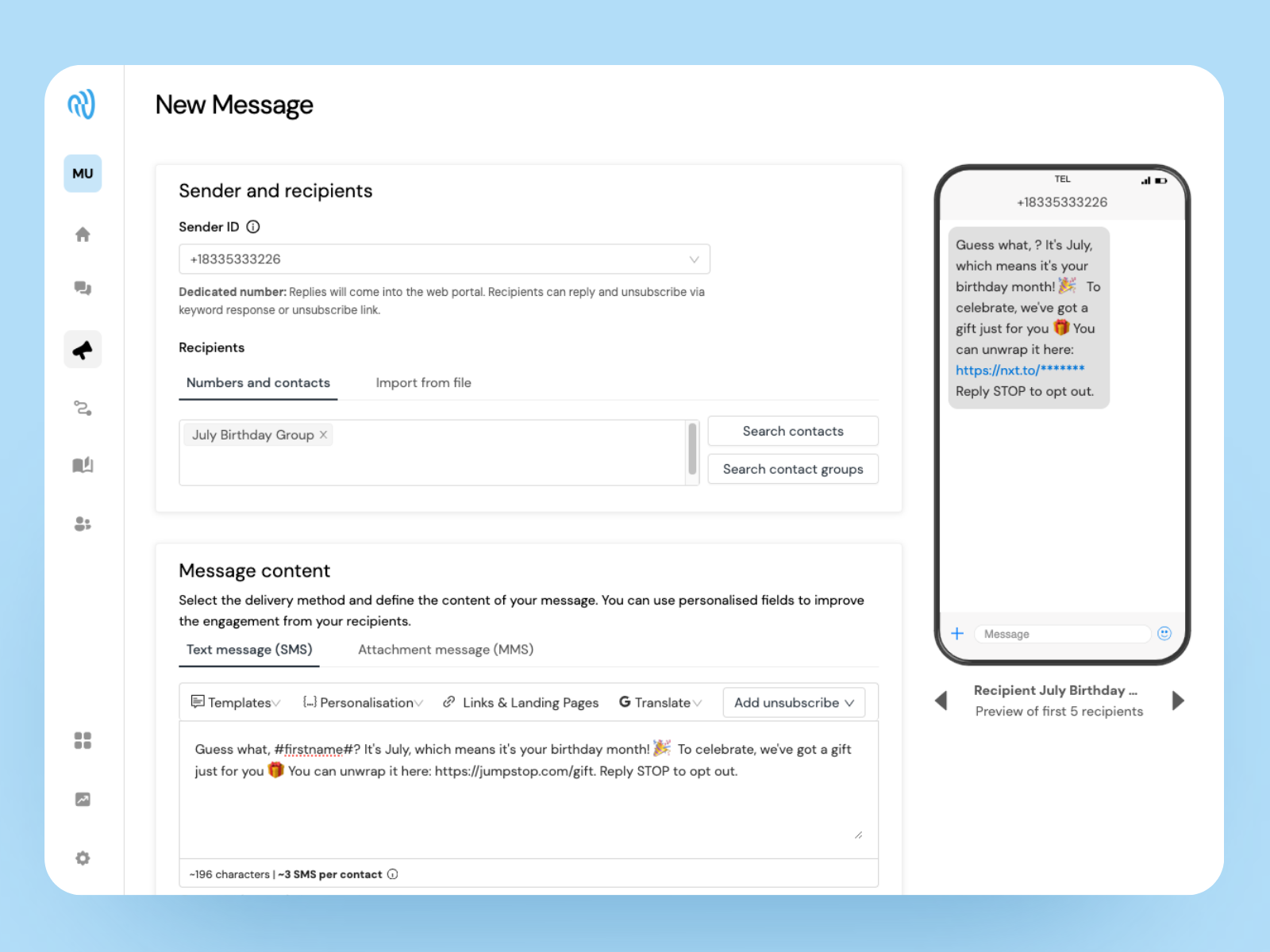 screenshot of Sinch MessageMedia